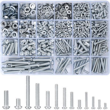 1080pcs M3 M4 M5 M6 Threaded Screws Set with Hex Nuts and Washers, Round Head Screws, Phillips Head Screws, Machine Screws Assortment Kit (1/5)