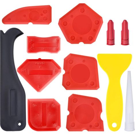 Kit Outil Calfeutrage - 12 Pièces - Finisseur Joint Silicone - Grattoir Joint - Décapsuleur Mastic - Embout et Bouchons pour Cartouche - Rouge
