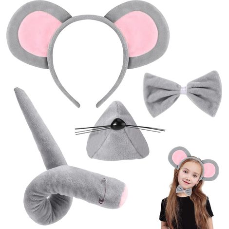 Déguisement Souris Professionnel 4 Pièces Costume Rôle-Play avec Bandeau Réglable, Nez Mignon & Nœud Papillon Idéal pour Fête d'Anniversaire, Halloween, Spectacle pour Adultes et Enfants (1/5)