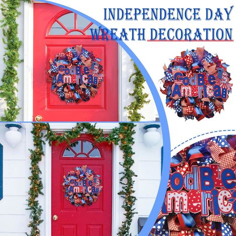 Guirlande Florale Artificielle - Guirlande Patriotique Rouge Blanc Bleu - Pour Porte D'Entrée Extérieure Intérieure - 50 x 40 cm - 1 Pièce (1/5)