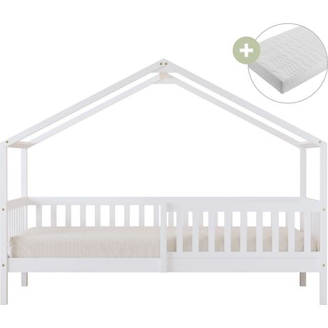 Sunny Kae Lit Cabane Avec Barrière De Sécurité, En Bois, Blanc Au Sol - Matelas Hybride 90 X 200 Inclus - Montessori Dimensions Totales: 207 X 96 X 156,5 Cm (1/5)