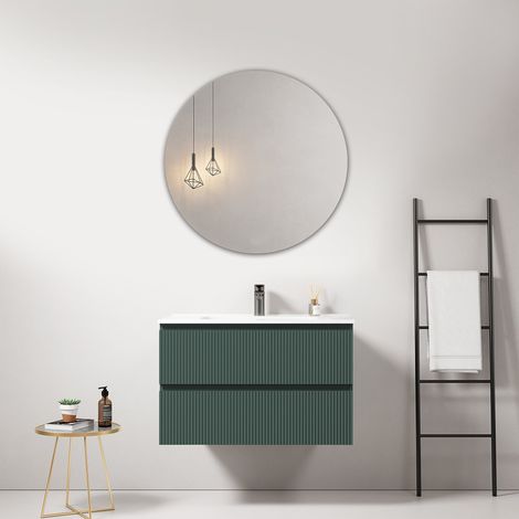 Mobile bagno sospeso cannettato 80 cm Verde Comodoro Lavabo in Ceramica Specchio Tondo - Fiji Paint (1/4)