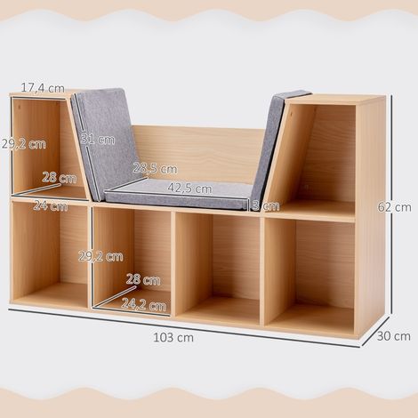 Étagère pour enfants avec banc et coffre à jouets, 6 compartiments, banquette avec 3 coussins, rangement jouets dès 3 ans, gris et bois naturel, 103 x 30 x 62 cm (1/5)