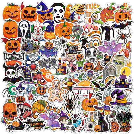 Halloween-Aufkleber, laserglänzende Oberfläche, 100 Stück, verschiedene Designs, hochwertiges wasserfestes Vinyl, niedliche Dekorationen für Halloween-Partys, emailliert. (1/5)