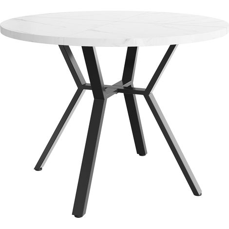 Table à manger ronde en MDF avec plateau effet marbre blanc Ø 1 m et pieds en métal noir en forme de X (1/5)