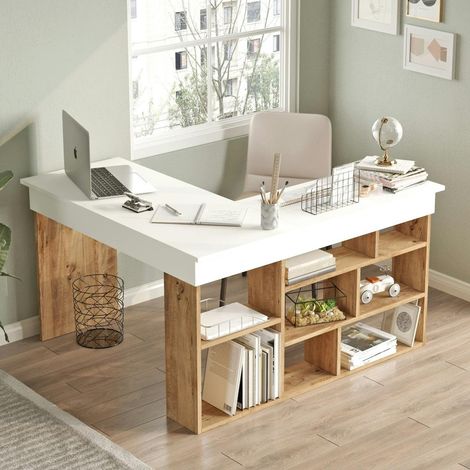 Bureau d'angle blanc décor bois à niches de rangement MARFA (1/5)