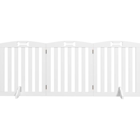 Absperrgitter Hund 3-teilig, 155 x 61 cm Faltbar Türschutzgitter mit 2 Stützfüßen, Freistehend Hundegitter, Treppengitter für mittelgroße Hunde, für Flur, Treppe, Weiß