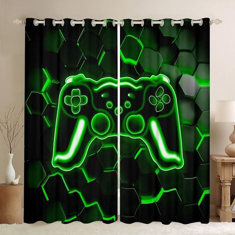 Rideau Occultant 117x137 cm Gamer, Rideau Neon Honeycomb Gaming, Rideaux Voilage Jeux Game Garçon, Voilage Fenetre Lumières Hexagonales Vertes pour Chambre Salon - 117L X 137H cm (2 Panneaux) (1/5)