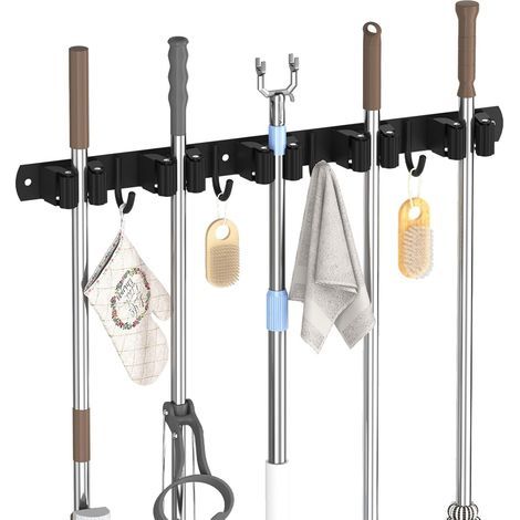 Accroche Balai Mural, Porte Balai Mural avec 5 Support et 4 Crochets, Range Balai Mural en Acier Inoxydable pour la Cuisine, Le Garage, Le Jardin, Noir (1/5)