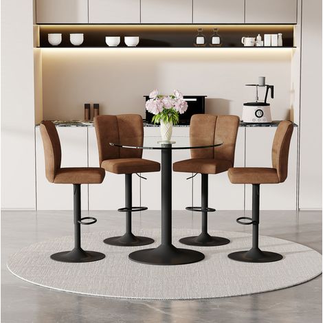 Set bar 5 pezzi: tavolo rotondo in vetro 89 cm e 4 sgabelli girevoli, marrone e nero (1/5)
