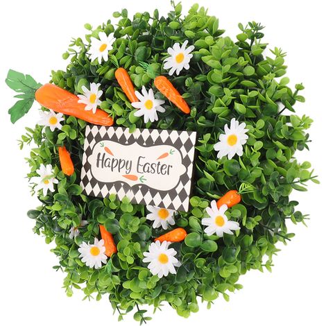 Fröhlichen Osterkranz mit echten künstlichen Karotten, Weihnachtssternen und grünen Blättern – festliche Dekoration für Haustür und Wand (1/5)