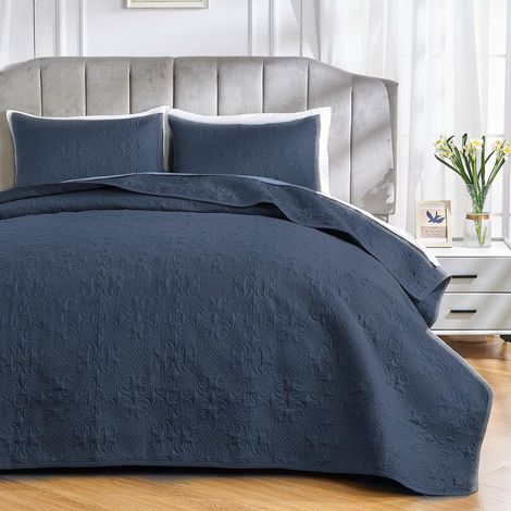 Couvre Lit Dessus de Lit et Boutis matelassé Ultrasonique en Microfibre Brossée Douce et Légère, Élégant Couvre Lit Beige à Motif Floral (Bleu Marine, 220x240cm) (1/5)