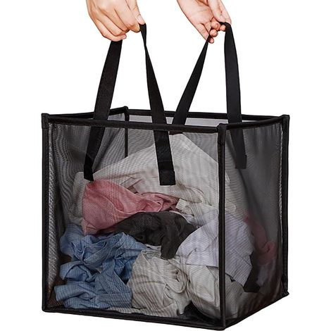 Cesta de lavandería de malla plegable con asas, portátil y compacta, para ropa, ropa y juguetes (negra, una sola capa)