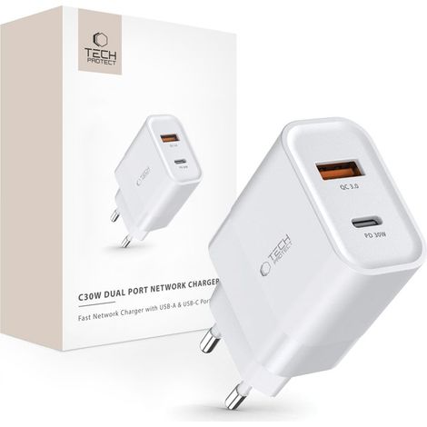 TECH-PROTECT C30W 2-Port-Netzwerkladegerät PD30W/QC3.0 Weiß