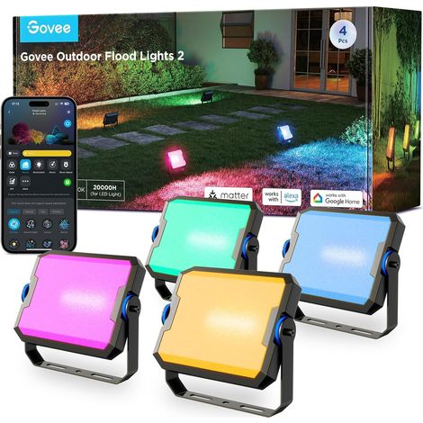 Lot de 4 Phares Projecteur LED Extérieur, RGBIC Lumière avec Blanc Froid et Chaud, 50+ Scènes, IP66 Etanches Spot LED Extérieur pour Jardin Terrasse (1/5)
