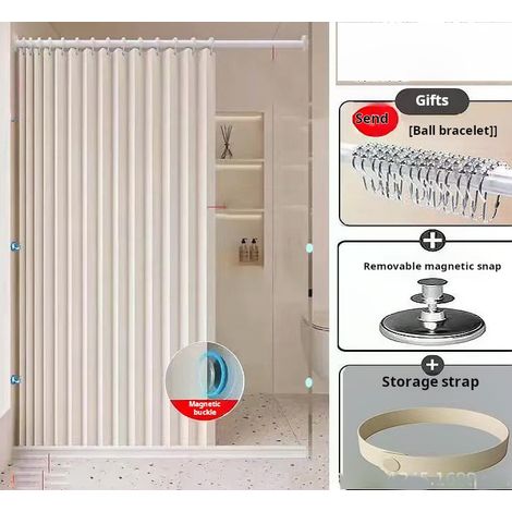Rideau de douche magnétique robuste en lin 150 x 200 cm, rideau de douche pliable, résistant aux éclaboussures et aux moisissures, avec crochets,beige