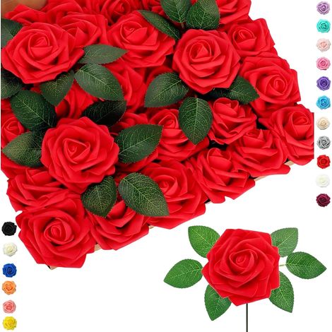 25 pièces Fleurs Artificielles Roses Artificielles Rouge,Mousse Faux Roses avec Tiges Décoration Florale pour Anniversaire Mariage Gâteau Fête Jardin Artisanat Douche Nuptiale Saint Valentin (1/5)