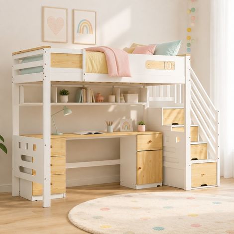 Letto a soppalco 90x200 cm bianco e legno con scrivania, cassetti e scala contenitore (1/5)