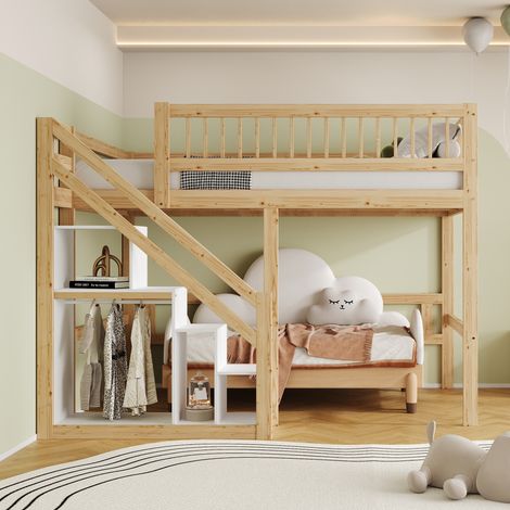 Kinder-Hochbett 140x200 cm, Kinderhochbett mit Schrank-Treppen-Kombination, Holzlattenrost, Massivholzbettgestell, Sicherheitsgitter, modernes Design, Natur