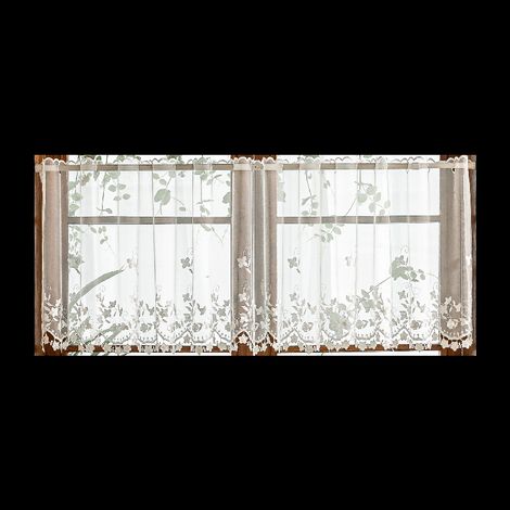 Cortina corta semitransparente para cafetería con estampado floral bordado, cortinas de cocina color blanco crema: decoración elegante y luminosa, 65 x 150 cm. (1/5)