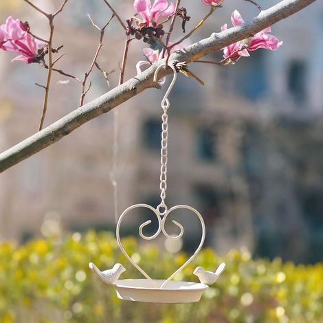 Mangiatoia per uccelli bianca in stile vintage con catena, decorazione rustica da giardino, mangiatoia per esterni per patio, giardino e balcone (1/5)