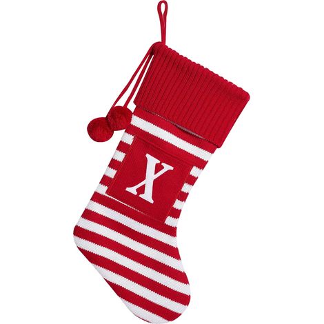 Chaussette De Noël - Initiale Personnalisable - Tricotée Rayée - Rouge - 50 x 27 cm - Pour Cheminée Arbre De Noël Décoration Festive - 1 Pièce (1/5)