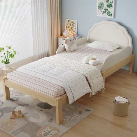 Lit enfant 90x200 cm avec barrières latérales, tête de lit rembourrée en PU, sommier à lattes, bois beige naturel (1/5)
