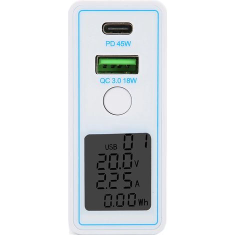 Chargeur mural USB-C PD QC30 à charge rapide, bloc de charge à 2 ports, alimentation CA 100-240 V, avec indicateur de charge et adaptateur secteur US. (1/5)