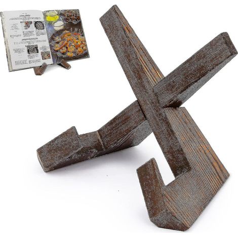 Présentoir à livres de cuisine en bois artisanal, idéal pour exposer des livres de recettes dans une cuisine de style campagnard ou sur un comptoir. (1/5)