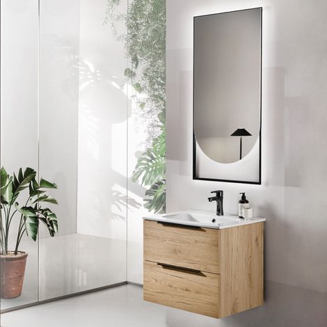 Mobile bagno sospeso 60 cm con specchio luce LED BALI Quercia Naturale (1/5)
