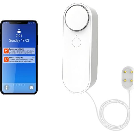 Alarme d'eau WiFi avec notifications d'application et alarme 100 dB – Appareil Smart Home pour salle de bain, piscine, câble capteur de 6,5 m inclus (1/4)