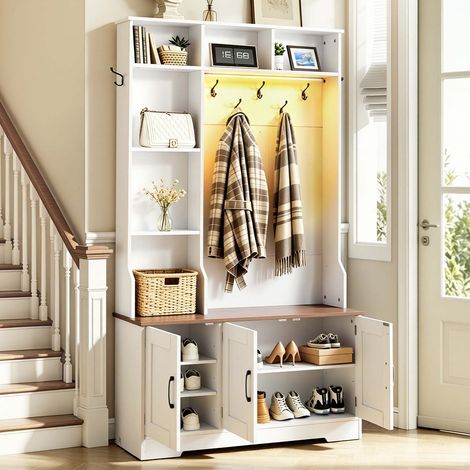 VEVOR Appendiabiti da Ingresso con Panca e Vano Porta Scarpe Bianco, Armadio da Ingresso Larghezza 1000 mm, con Ganci Ripiani Portaoggetti e Porta Scarpe Regolabili, Luce LED, per Entrata Corridoio (1/5)