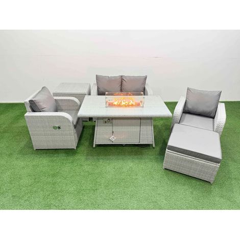 Fimous Light Grey PE Wicker Rattan Garden Furniture Set Sofa Set Reclining Chair Firepit Dining Table 5 Seater With Footstool Side Table (1/4)