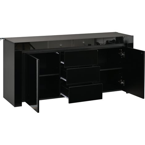 Buffet noir brillant avec LED, 2 portes, 3 tiroirs, 140 x 40 x 65 cm, rangement modulable pour salon et bureau (1/5)