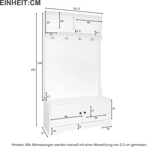 MEUBLIV Garderobenmöbel Weiß 101,5x47x183 cm – Bank, 4 Haken und Stauraum (1/5)