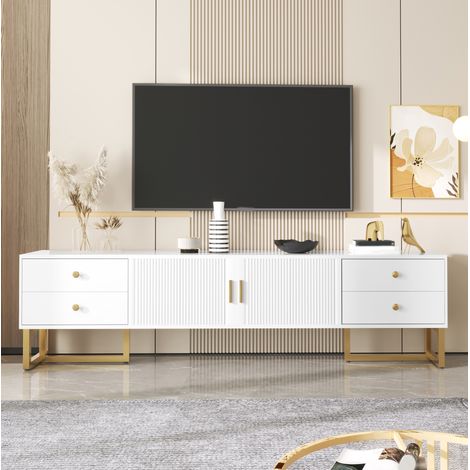 Mueble TV 175x30x46 cm blanco de MDF con 4 cajones, 2 puertas texturizadas y patas doradas (1/5)