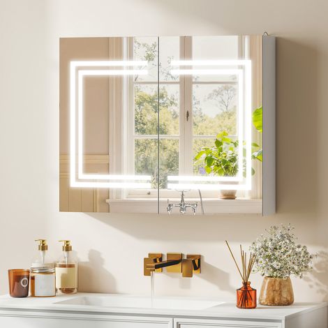 Meuble de Salle de Bain avec Miroir Étagères Ajustables Interrupteur Tactile et Couleur de Lumière Ajustable 80x15x65 cm Blanc Brillant (1/5)