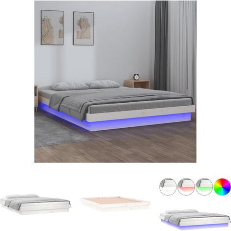 The Living Store Massivholzbett mit LEDs Weiß 160x200 cm - Betten & Bettgestelle (1/5)