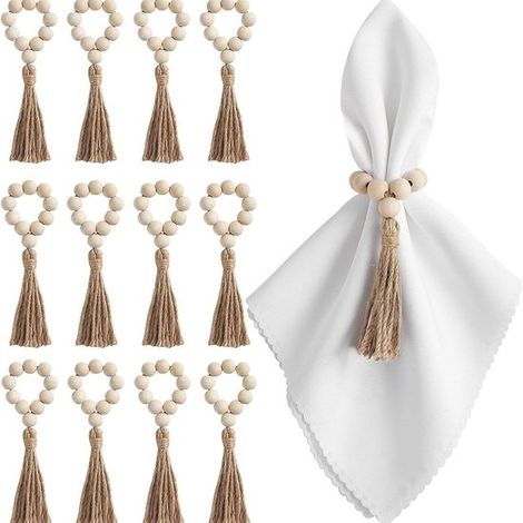 Servilleteros de madera con 12 piezas, cuentas y flecos de madera natural, perfectos para Navidad, bodas y mesas de cena festivas (1/5)