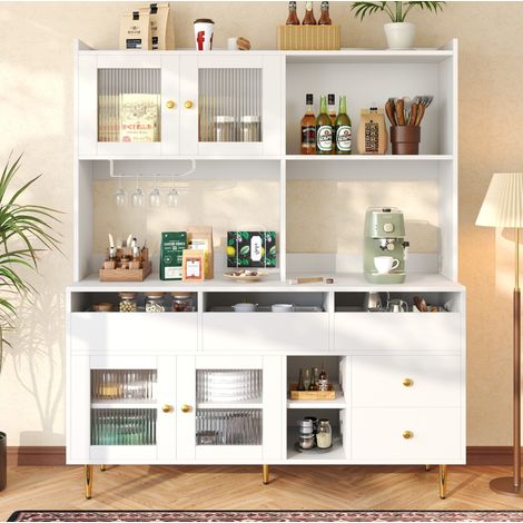 Credenza 145x39x171 cm in MDF bianco, con contenitore per sala da pranzo FloraGrace (1/5)