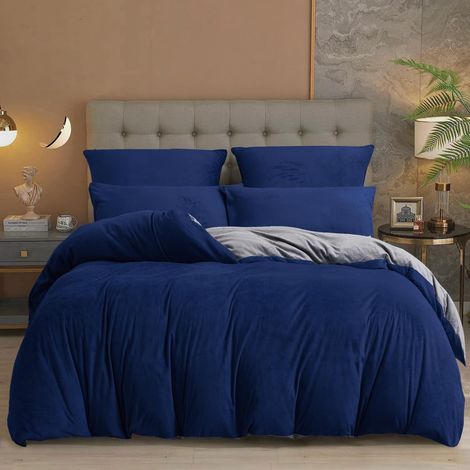 Housse de Couette Flanelle 220x240 Hiver Chaude Bleu Foncé Gris (1/5)