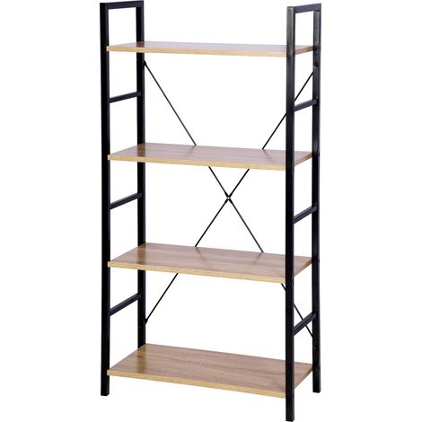 Woltu – Étagère de rangement en acier et bois – 4 tablettes – Dimensions 60x28x116cm – Capacité 20kg par étagère – Noir et chêne clair (1/4)
