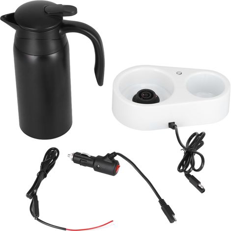 Bouilloire électrique portable 800ml pour voiture - Distributeur d'eau avec base blanche et joint en silicone - Idéal pour les voyages - Noir (1/5)