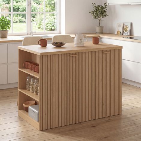 JULIETTE Isla central de 120 cm con efecto de listones de madera (1/5)