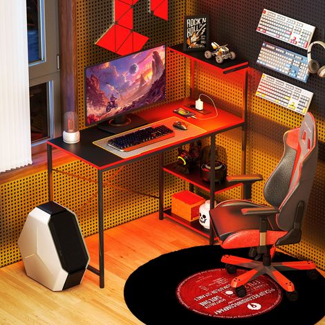 Gaming-Schreibtisch aus Kohlefaser mit LED-Beleuchtung, 110 x 50 cm, Steckdosen, Ablagen und Fernbedienung, Schwarz