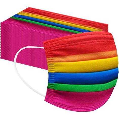 Lot de 50 masques jetables adultes, couleurs arc-en-ciel multicolores, protection respiratoire anti-poussière, usage unique, taille standard, hygiène quotidienne. (1/3)