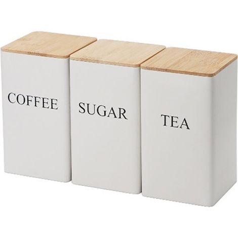 Ensemble de 3 bocaux hermétiques – Café, Thé, Sucre – Couvercle en bambou – Blanc – (1/5)
