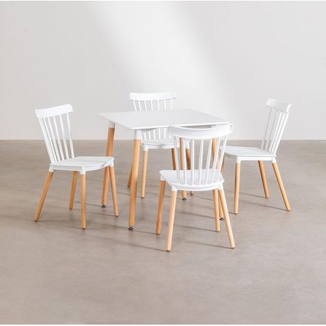 ORION91 Conjunto ALCIONE Mesa Cuadrada (80x80x75 cm) + 4 Sillas Color Blanco Patas Haya (83x48x52,5 cm) Comedor Oficina Salón Teletrabajo Cocina - SpazioLuzio - Unidad (1/5)