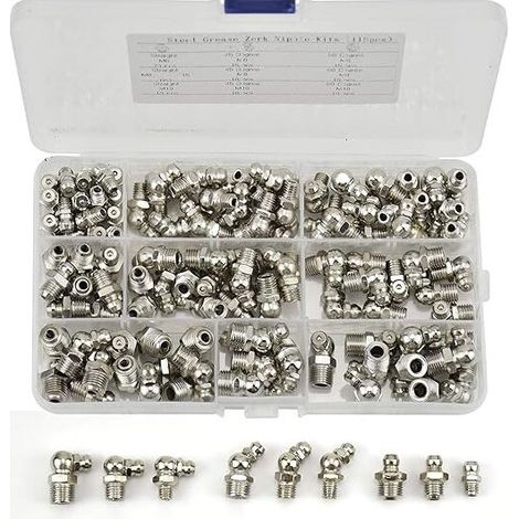 Assortiment de 115 graisseurs M6 M8 M10 – Raccords filetés en fer nickelé droit et coudé 45°/90° – Pour équipement mécanique (1/5)