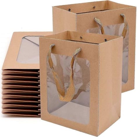 Lot de 10 boîtes cadeaux avec couvercles transparents, sacs cadeaux en papier kraft brun avec poignées, sac cadeau à fenêtre transparente pour la fête des enseignants avec fleurs (1/5)